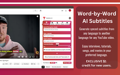 Tubelator AI - Chrome Extension: Transcriptions, Summaries, Subtitles, AI Art