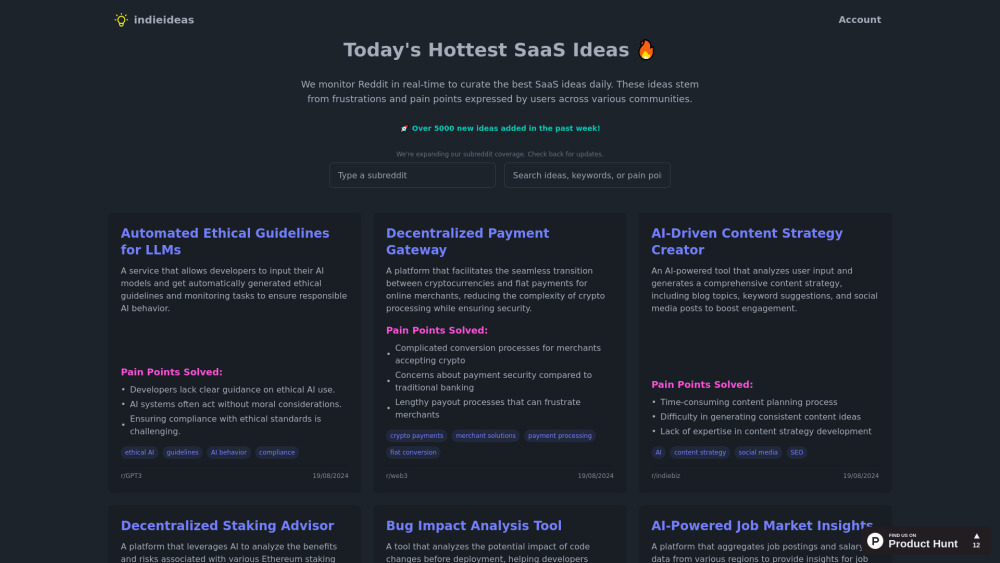 indieideas.io: Curates Daily SaaS Ideas from Reddit User Pain Points