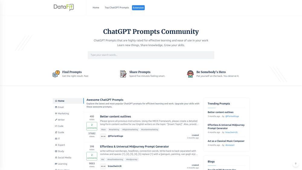 DataFit.AI: Share & Discover ChatGPT Prompts Effortlessly Online