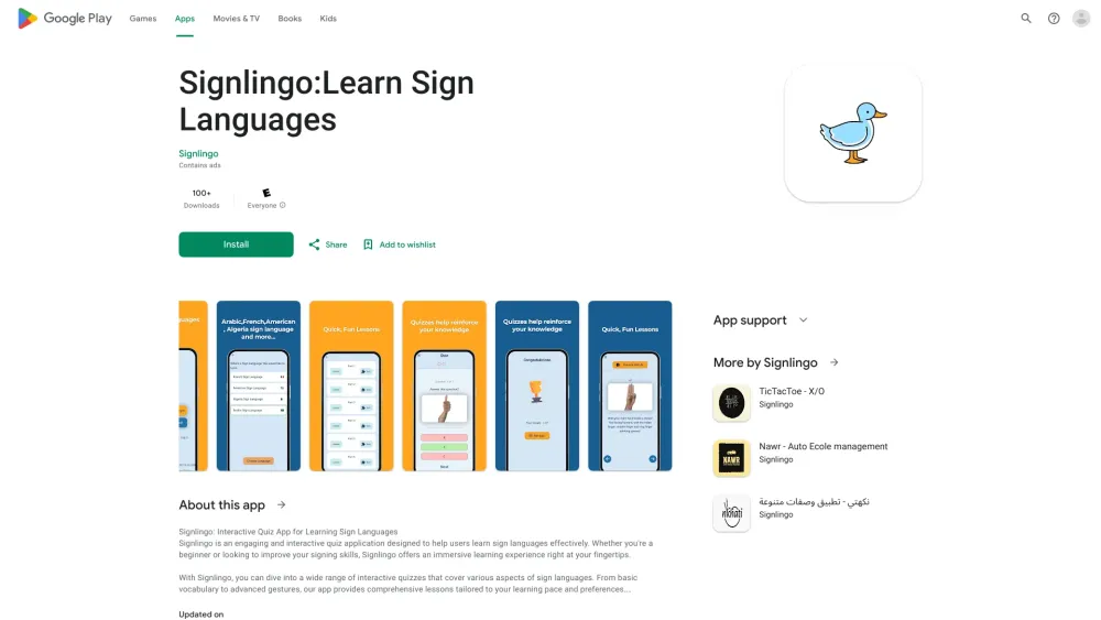 Signlingo: Interactive Quizzes for Learning Sign Languages