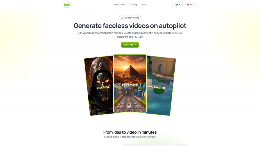 Videolulu : AI-Powered Faceless Videos for Tutorials & Marketing