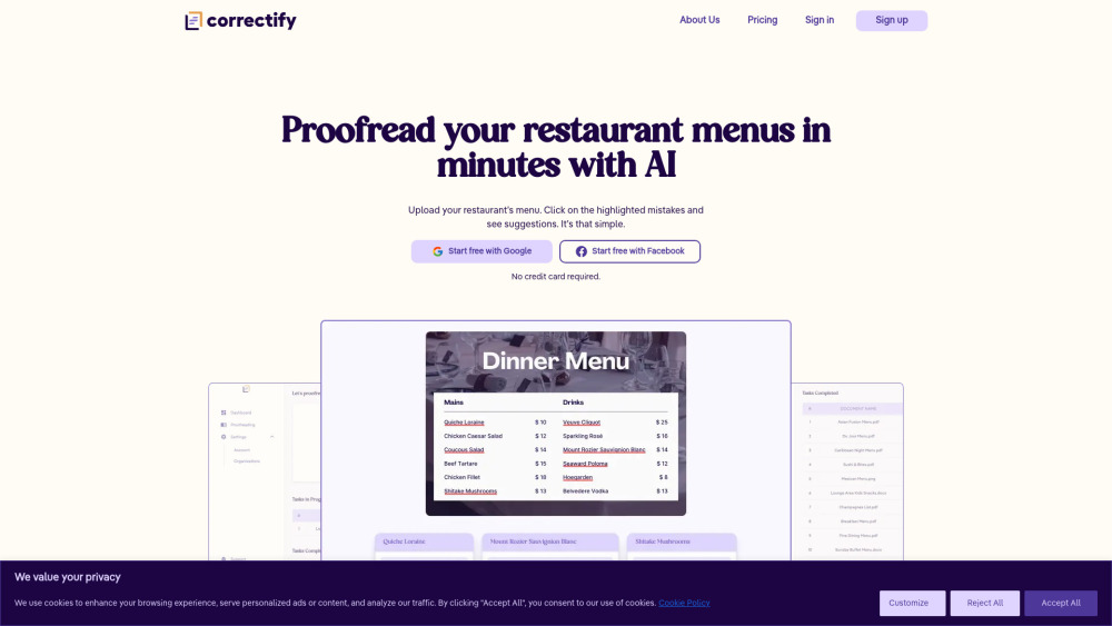 Correctify : AI Proofreading for Restaurant Menus, Pricing & Reviews Correctify : AI Proofreading for Restaurant Menus, Pricing & Reviews