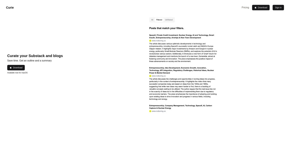 Curie: Substack & Blog Highlights, Summaries, Pricing, Reviews Curie: Substack & Blog Highlights, Summaries, Pricing, Reviews