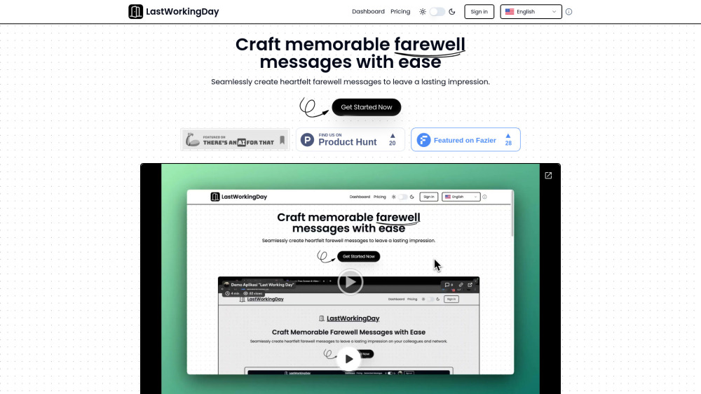 LastWorkingDay : AI Farewell Messages, Use Cases, Pricing, Reviews, Features, Alternatives LastWorkingDay : AI Farewell Messages, Use Cases, Pricing, Reviews, Features, Alternatives