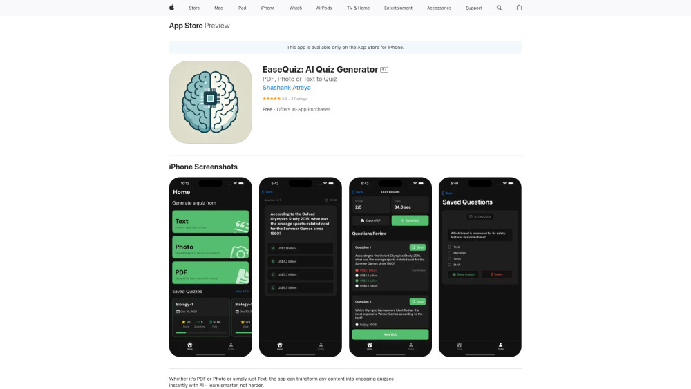 EaseQuiz: AI Quiz Generator : Instant, Smart, Customizable