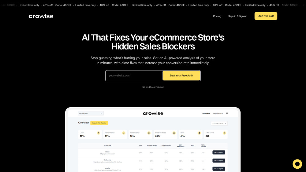 CROwise : AI-Powered E-Commerce Audits, Pricing, Reviews, Features