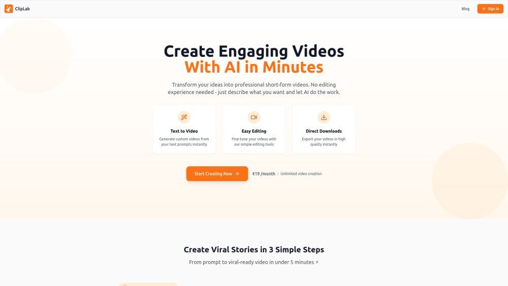 ClipLab : AI Text-to-Video, Social-Optimized, Fast & Intuitive