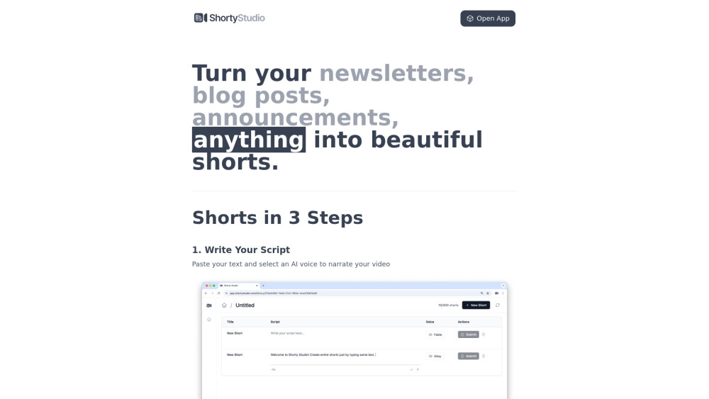 Shorty Studio : Text-to-Video Shorts, Pricing, Reviews, Features