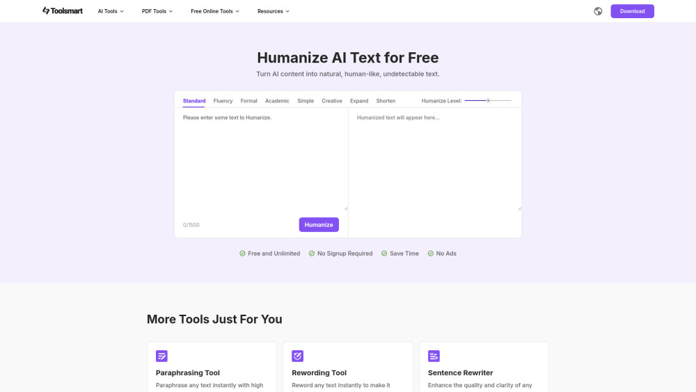 Toolsmart Free Humanize AI : 8 Modes, No Sign-Up, Ad-Free & Fluent