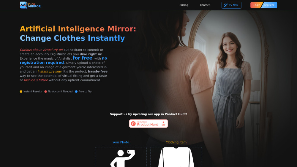 DigiMirror: AI Virtual Try-On for Clothes, Free & No Registration
