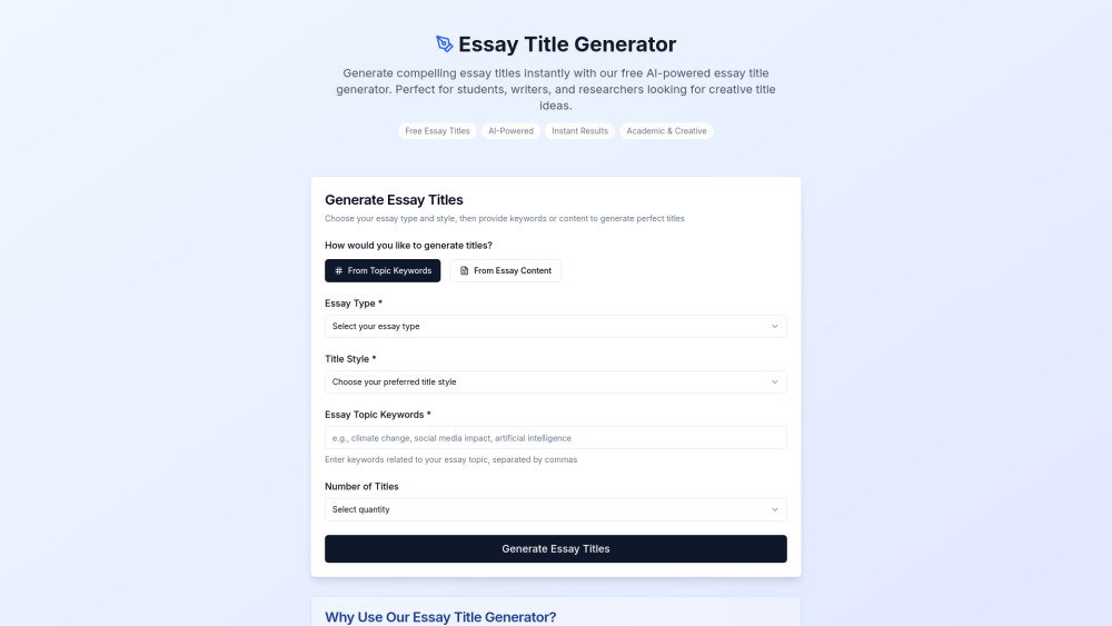 Essay Title Generator : Free AI, Instant & Catchy Titles