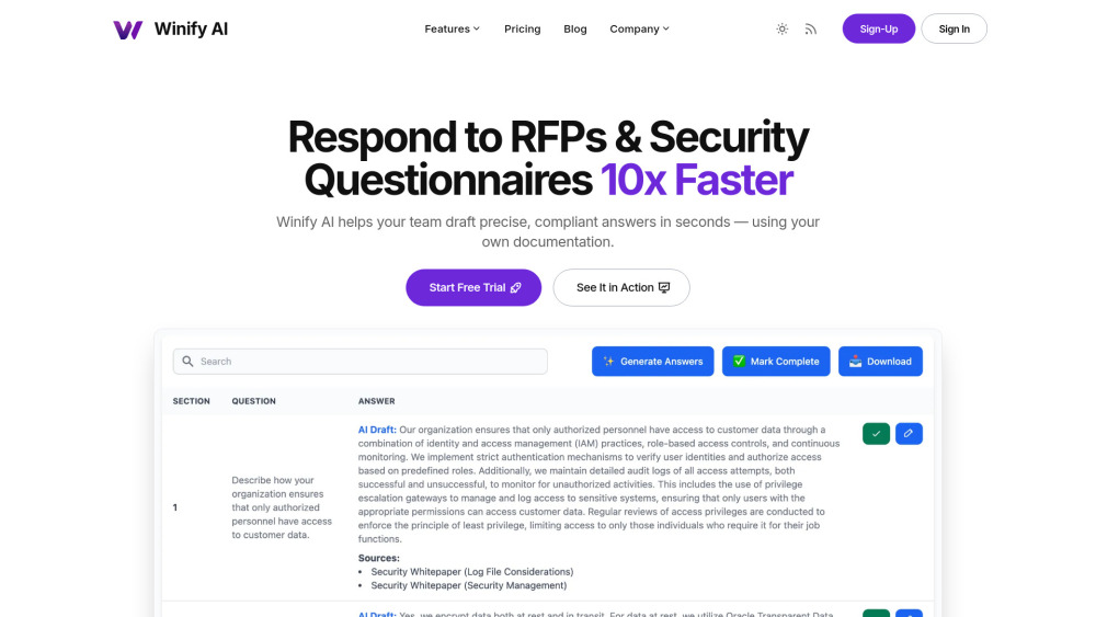 Winify AI : Automates Security Questionnaires & RFP Responses