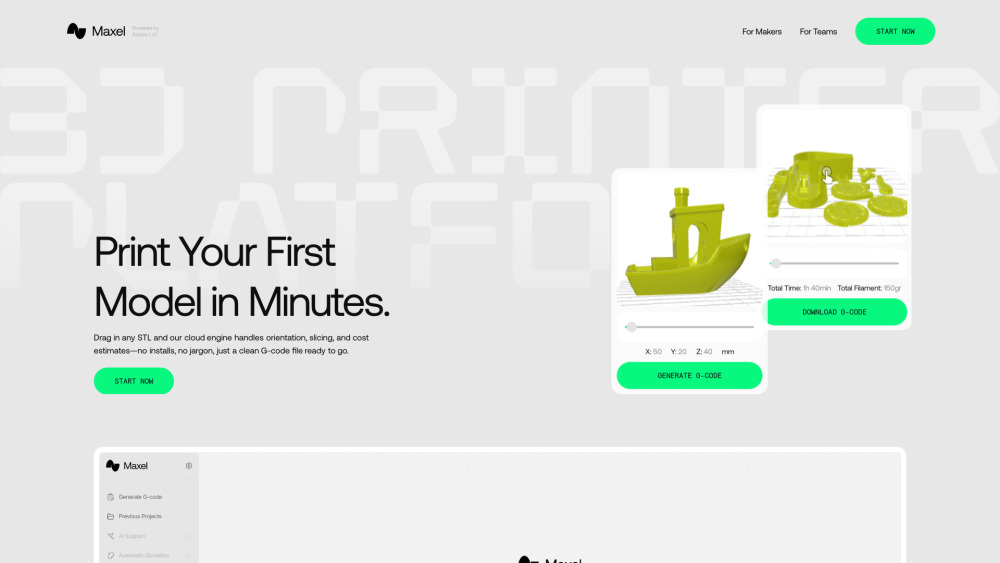 Maxel AI : Cloud-Based 3D Print Prep & Smart G-Code Generation