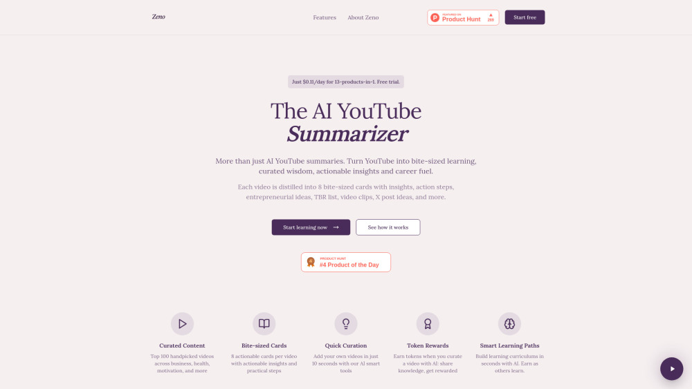 Zeno: AI YouTube Curator & Summarizer : Bite-Sized Learning, Actionable Insights