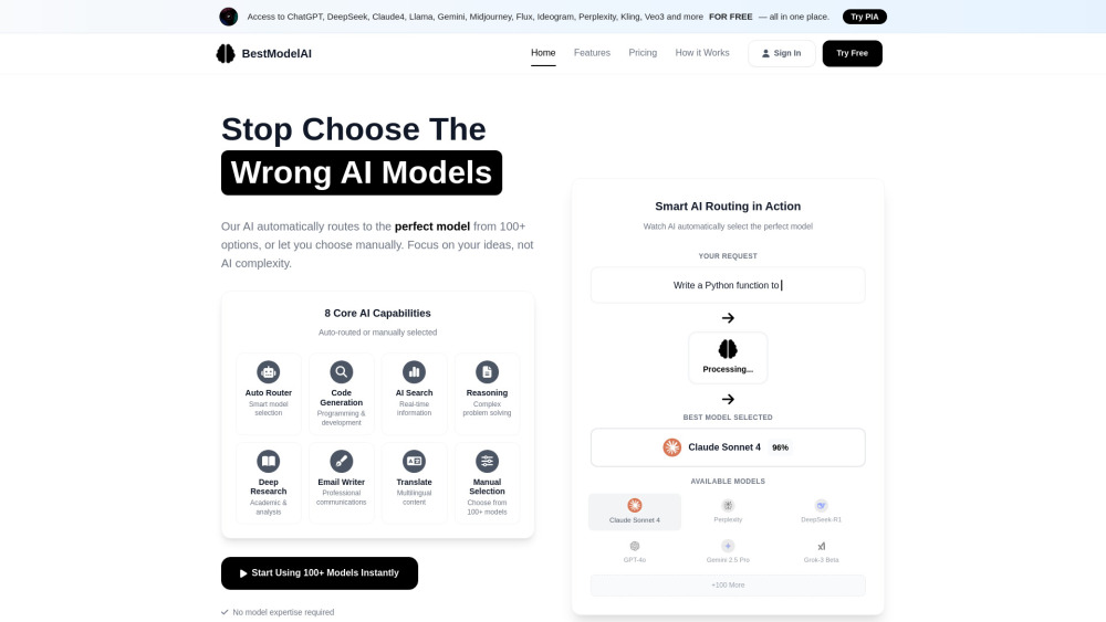 BestModelAI: Routes AI Requests to Best Model from 100+ Options