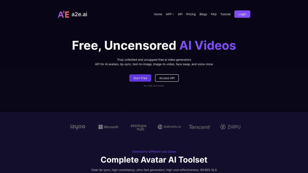 A2E Free AI Videos : Image-to-Video, Lip-Sync, Avatars, Voice Clone, Face Swap & APIs