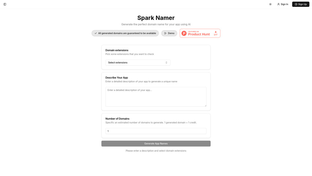 Spark Namer: AI-Powered, Fast, Smart & Brand-Ready Domains Spark Namer: AI-Powered, Fast, Smart & Brand-Ready Domains