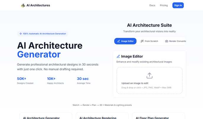 AI Architectures: 1-Click Design, Render & Floor Plans in 30s