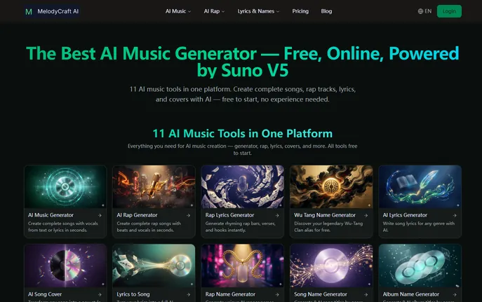 MelodyCraft AI : 11 Suno V5 Tools to Make Songs, Rap & Lyrics Free