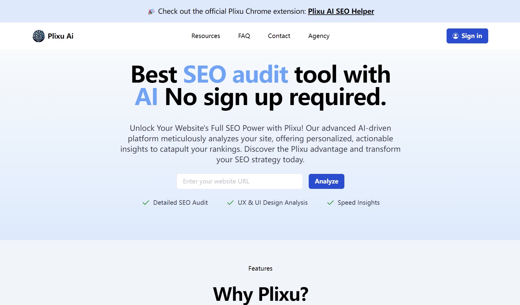 Plixu AI: SEO Audits, UX Analysis & Speed Insights.