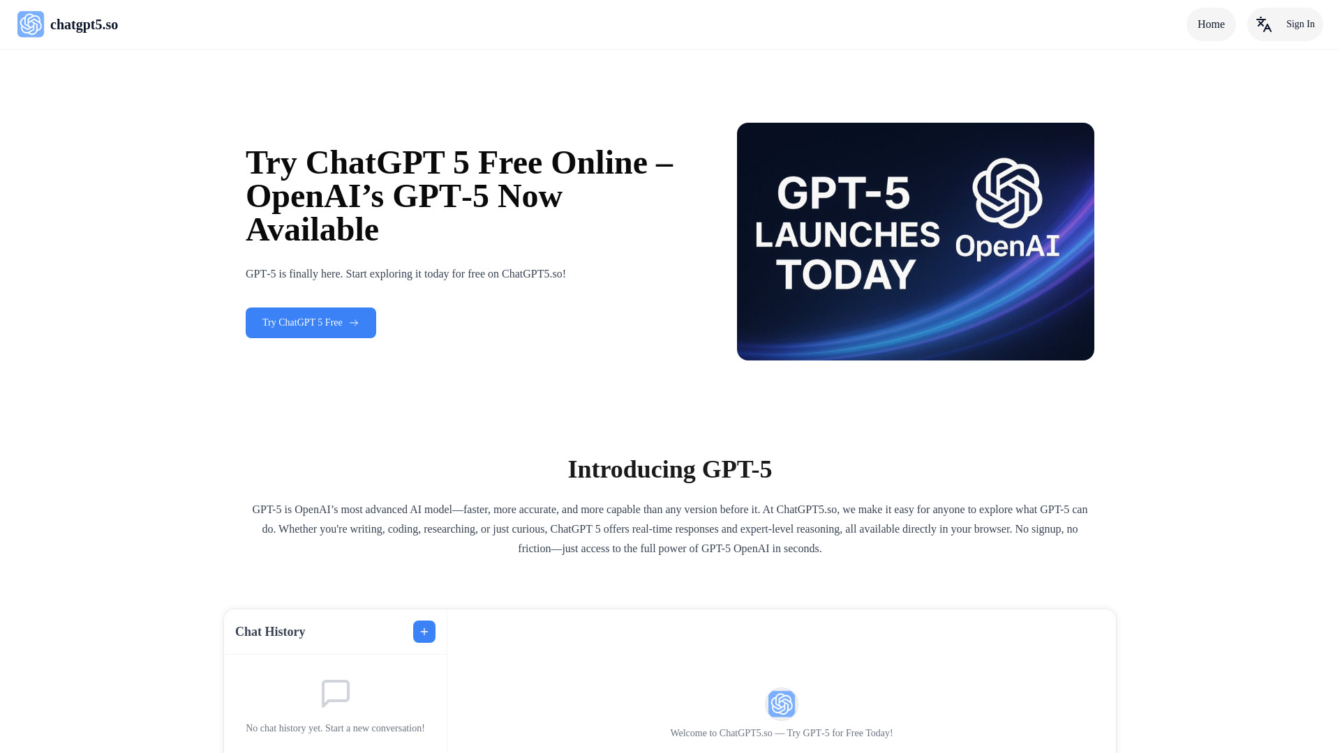 ChatGPT5.so - Free GPT-5 AI Tool Online No Login : Writing, Coding, Reasoning