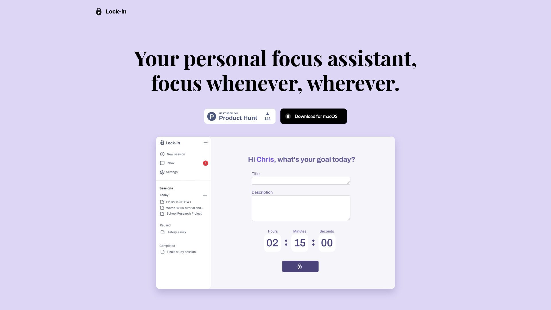 Lock-in - AI-Powered Focus Assistant : Adaptive Breaks, Real-Time Nudges, Session Insights