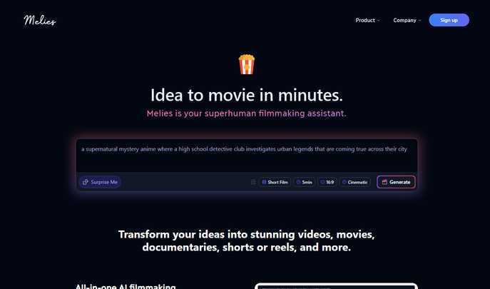 Melies • Idea to Movie in Minutes : AI Storytelling, Lifelike Characters, Cinematic Magic