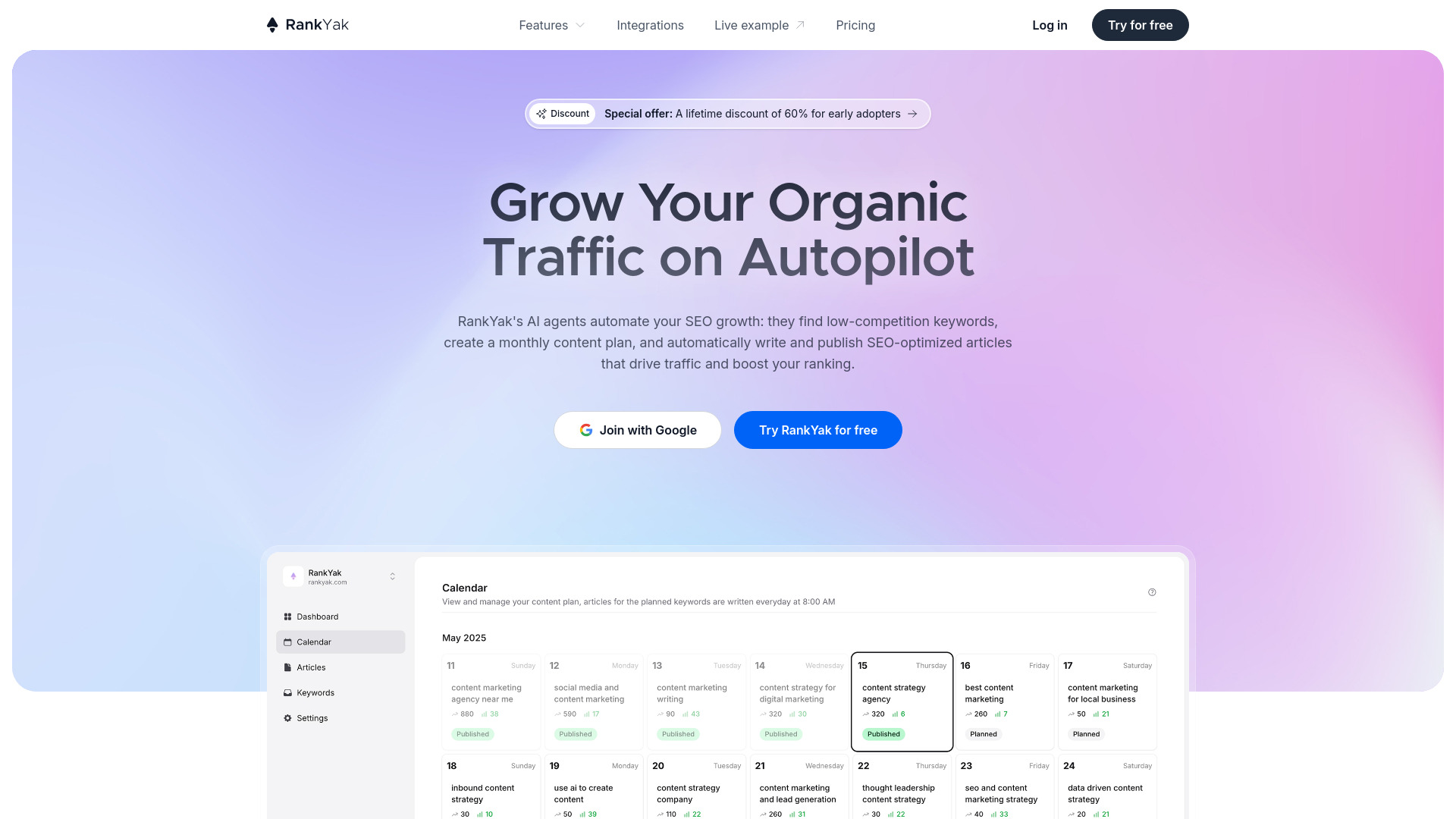 RankYak - AI SEO Content Automation Tool : Daily Articles, Keyword Research, Instant Publishing