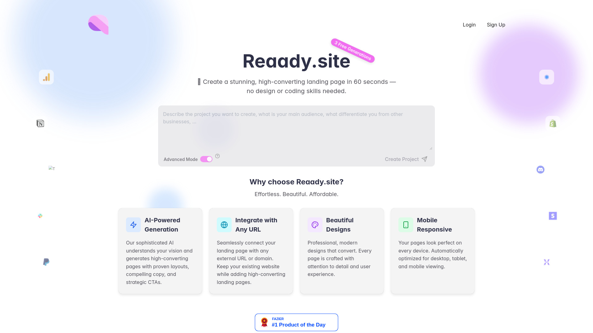 Reaady.site : AI Landing Pages in 60 Sec, No Code, Mobile-Optimized