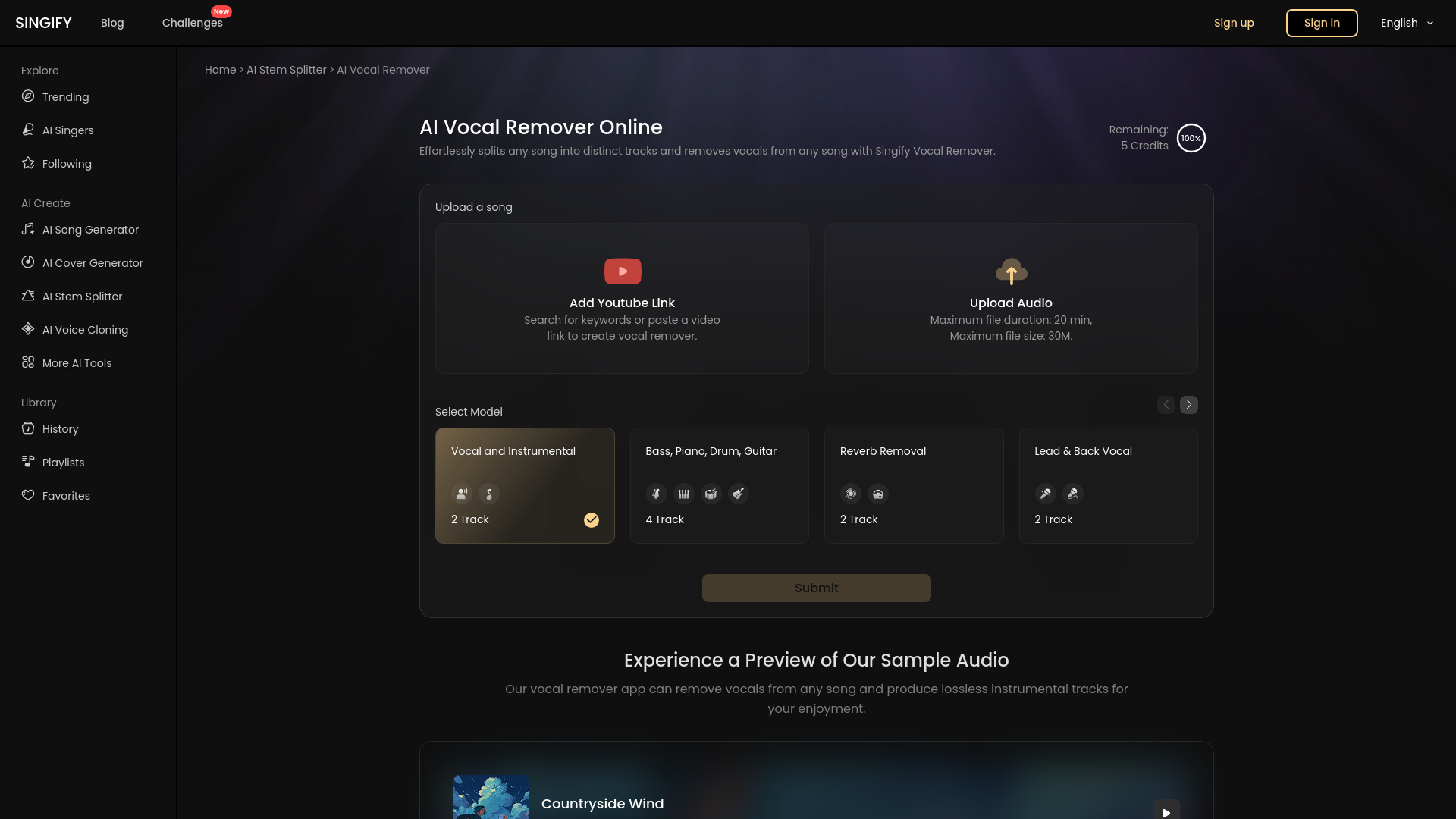 Singify Vocal Remover : AI 8-Stem Separation, Free Online Tool