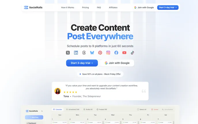 SocialRails : AI Scheduling for 9 Platforms, GPT-5 Images