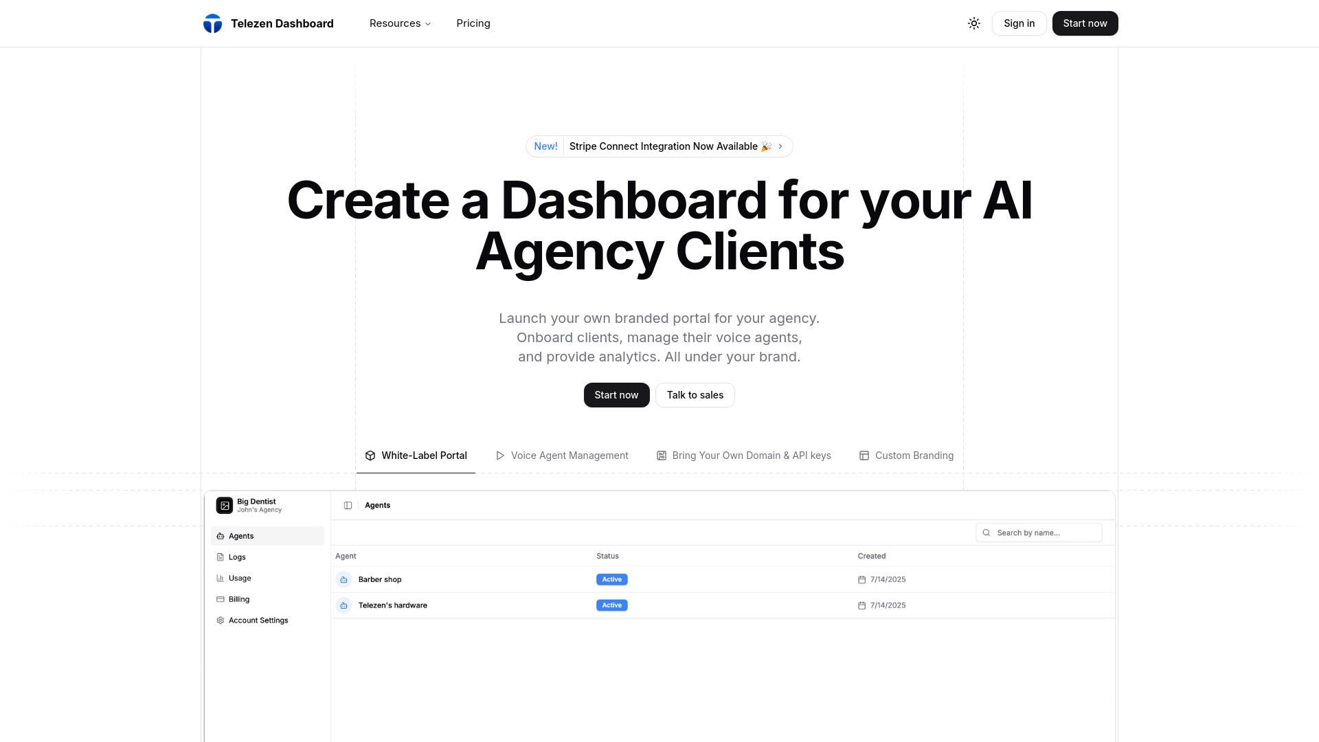 Telezen Dashboard : White-Label AI Voice Agent Platform