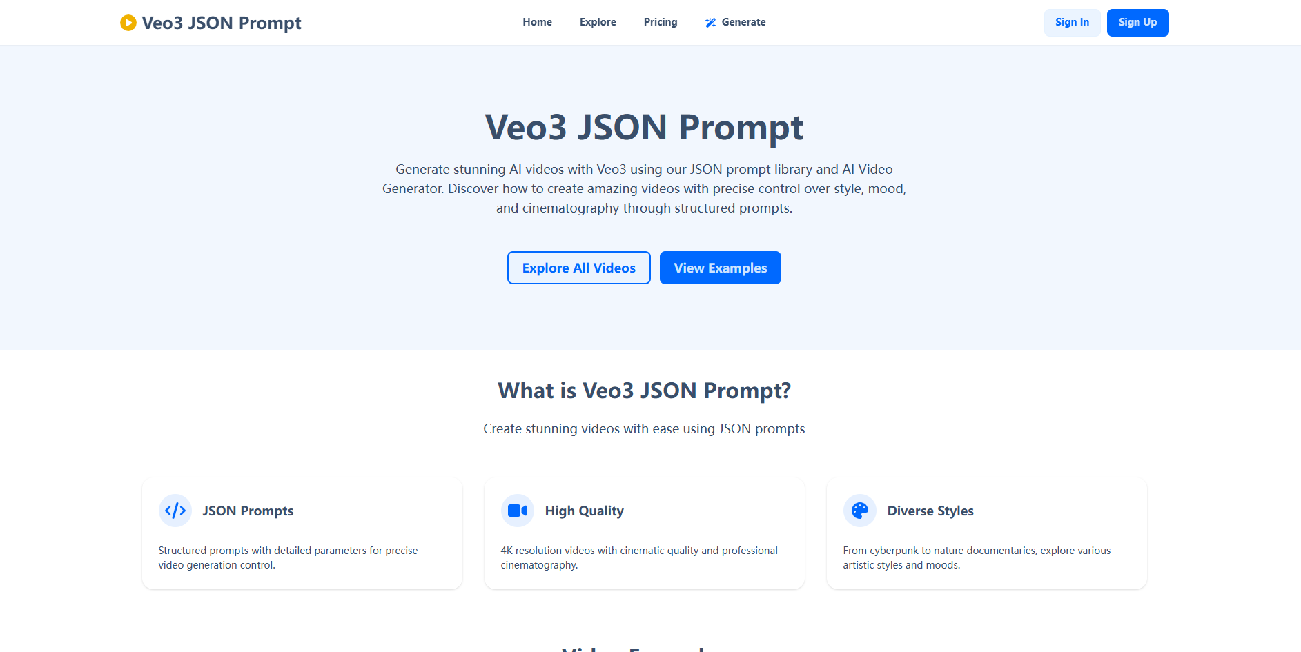 Veo3 JSON Prompt - AI Video Generator | 4K in Minutes : 4K Cinematic Videos in 1–2 Min, AI Chat Optimization, Free Trial